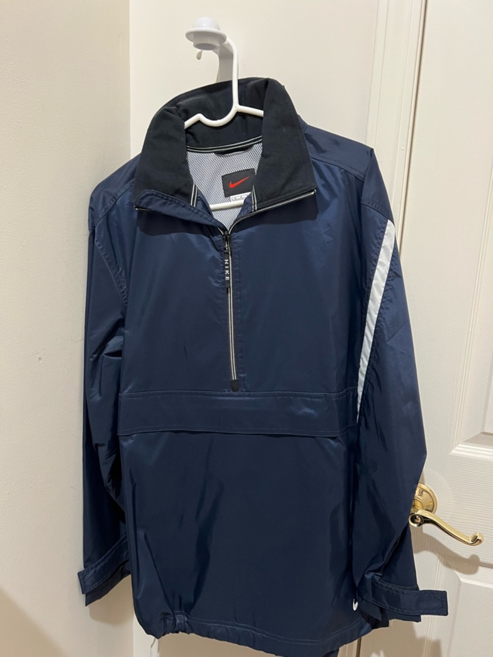 Nike Men’s Navy Windbreaker Half-Zip with Black Collar and White Stripe